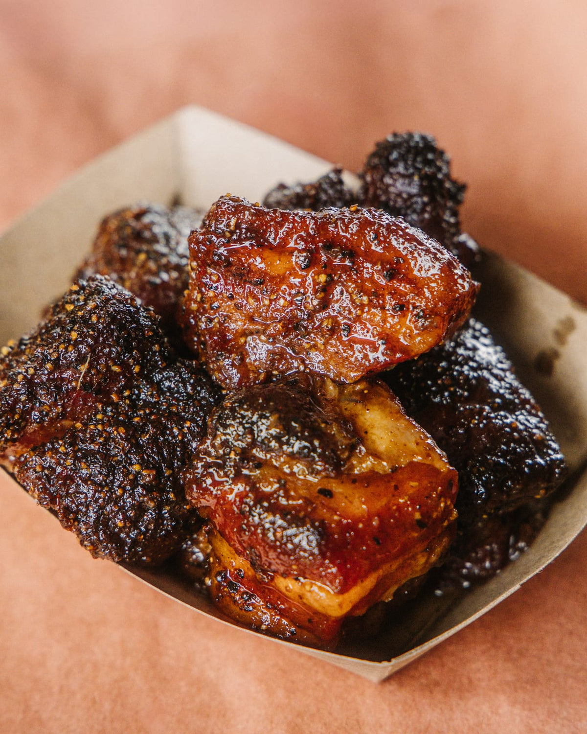 A tray of pork belly burnt ends
