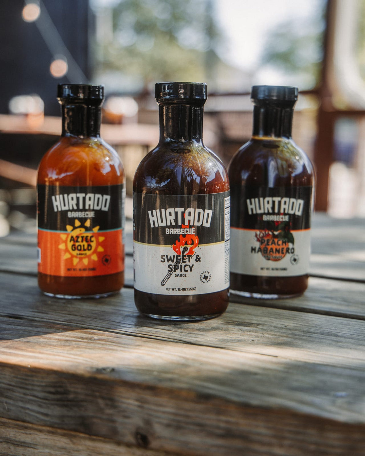 The three Hurtado sauces with Sweet and Spicy in front