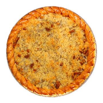 A whole apple crumble pie with a golden streusel top, seen from above