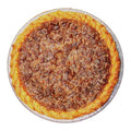 A whole pecan pie covered in pecan halves, seen from above
