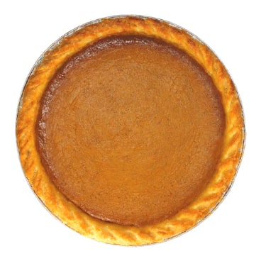 A whole pumpkin pie with a crimped crust, seen from above